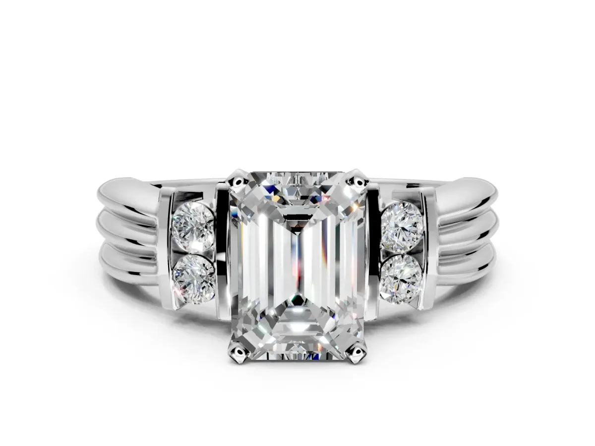 Solitaire Engagement Ring Setting for Emerald Cut Center with Grooved Bar Accent Band and Prong Head in Platinum