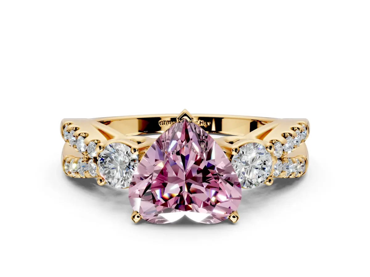 3 Stone Engagement Ring Setting for Fancy Pink Heart-Shaped Center with Pave Split Shank and Prong Head in Yellow Gold