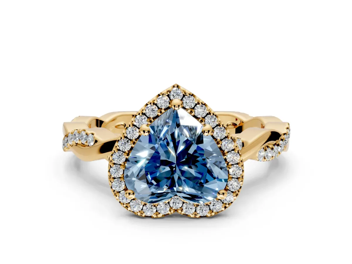 Halo Engagement Ring Setting for Fancy Blue Heart-Shaped Center with Pave and Plain Twist Band and Prong Head in Yellow Gold