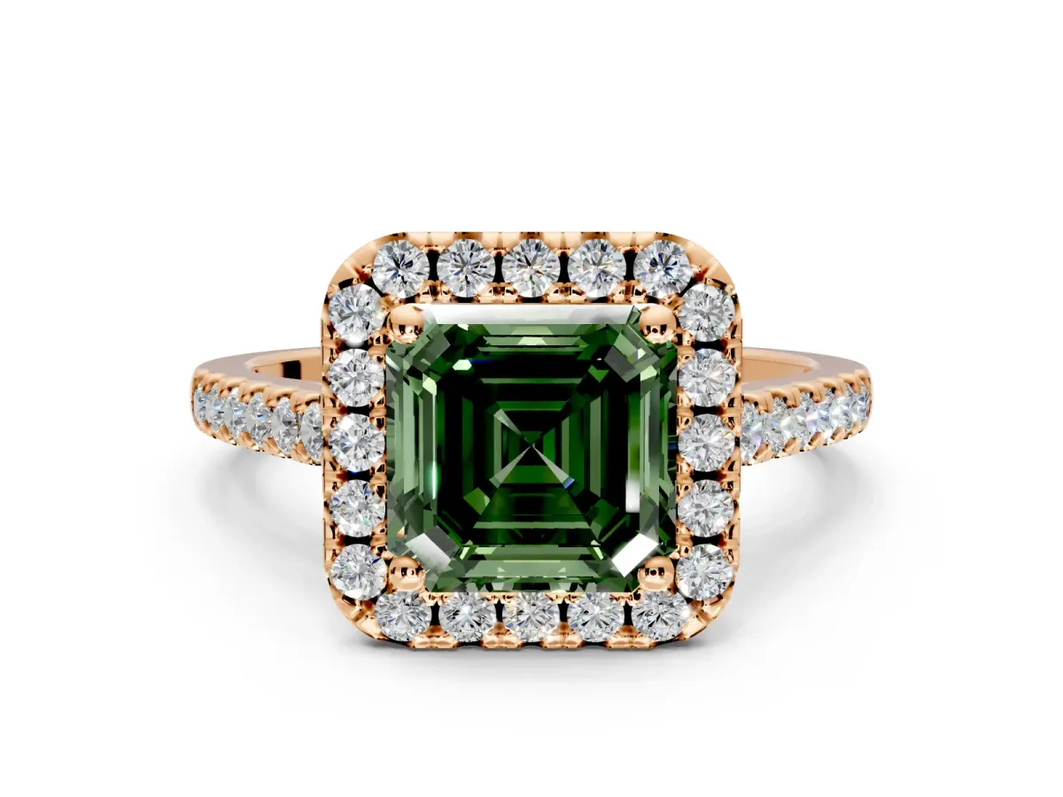 Halo Engagement Ring Setting for Fancy Green Asscher Cut Center with Raised Halo, Pave Band and Prong Head in Rose Gold