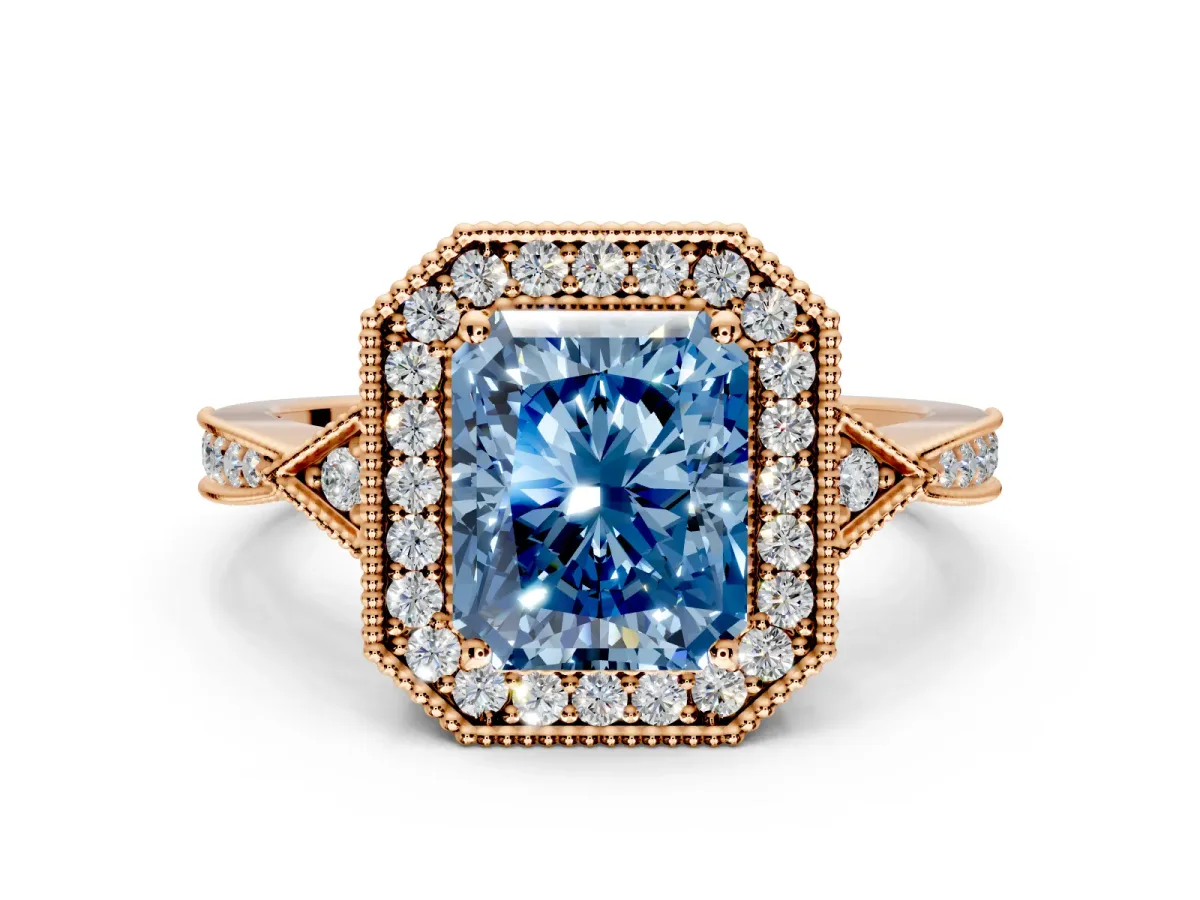 Halo Engagement Ring Setting for Fancy Blue Radiant Cut Center with Milgrain Rim, Pave Band and Prong Head in Rose Gold