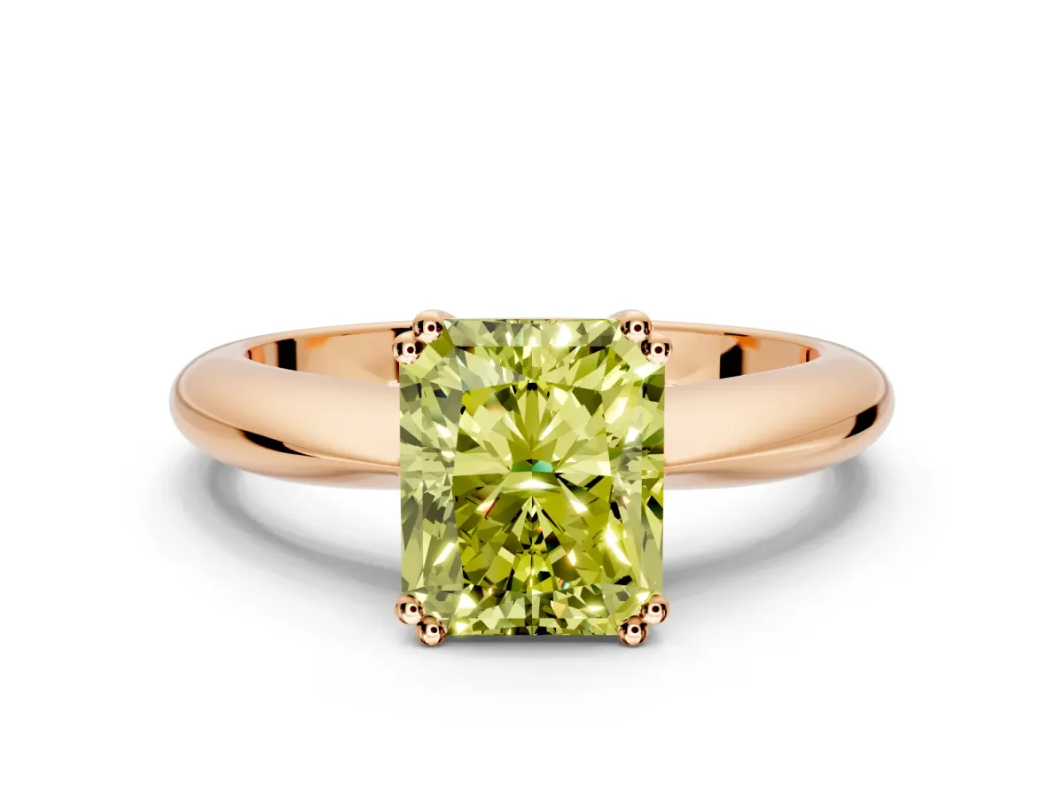 Solitaire Engagement Ring Setting for Fancy Yellow Radiant Cut Center with Reverse Tapered Band and Prong Head in Rose Gold