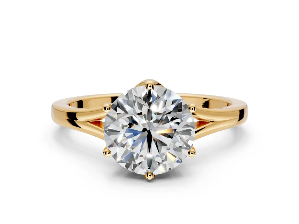 Solitaire Engagement Ring Setting for Round Cut Center with Plain Split Shank and Prong Head in Yellow Gold