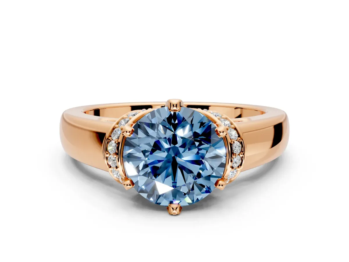 Solitaire Engagement Ring Setting for Fancy Blue Round Cut Center with Wide Band, Pave Collar and Prong Head in Rose Gold