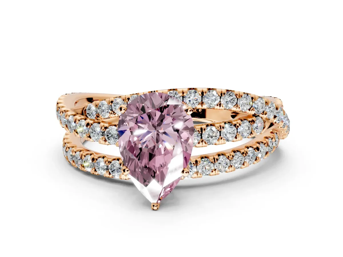 Solitaire Engagement Ring Setting for Fancy Pink Pear-Shaped Center with Woven 3-Strand Pave Band and Prong Head in Rose Gold