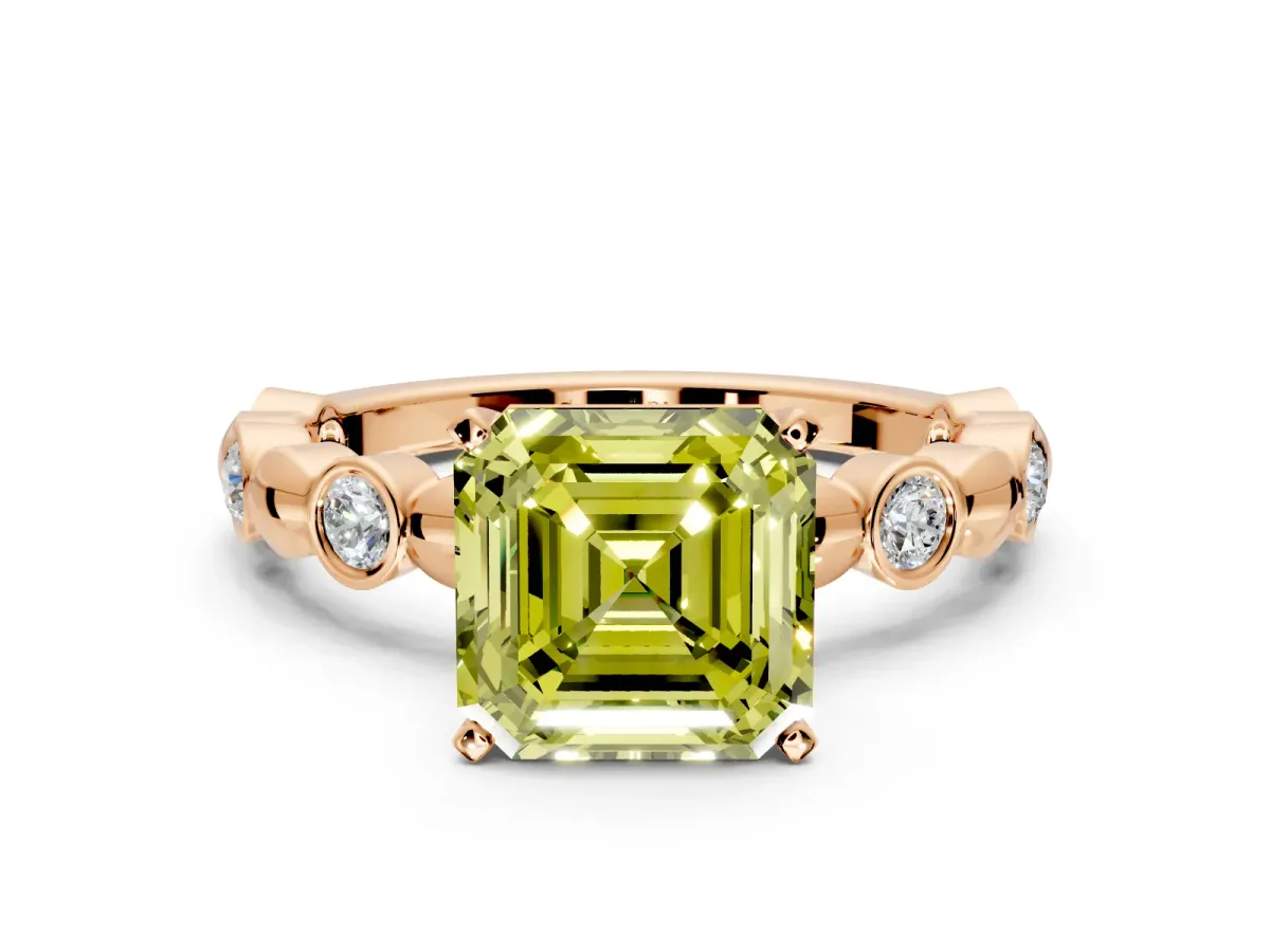 Solitaire Engagement Ring Setting for Fancy Yellow Asscher Cut Center with Beaded Bezel Station Band and Prong Head in Rose Gold