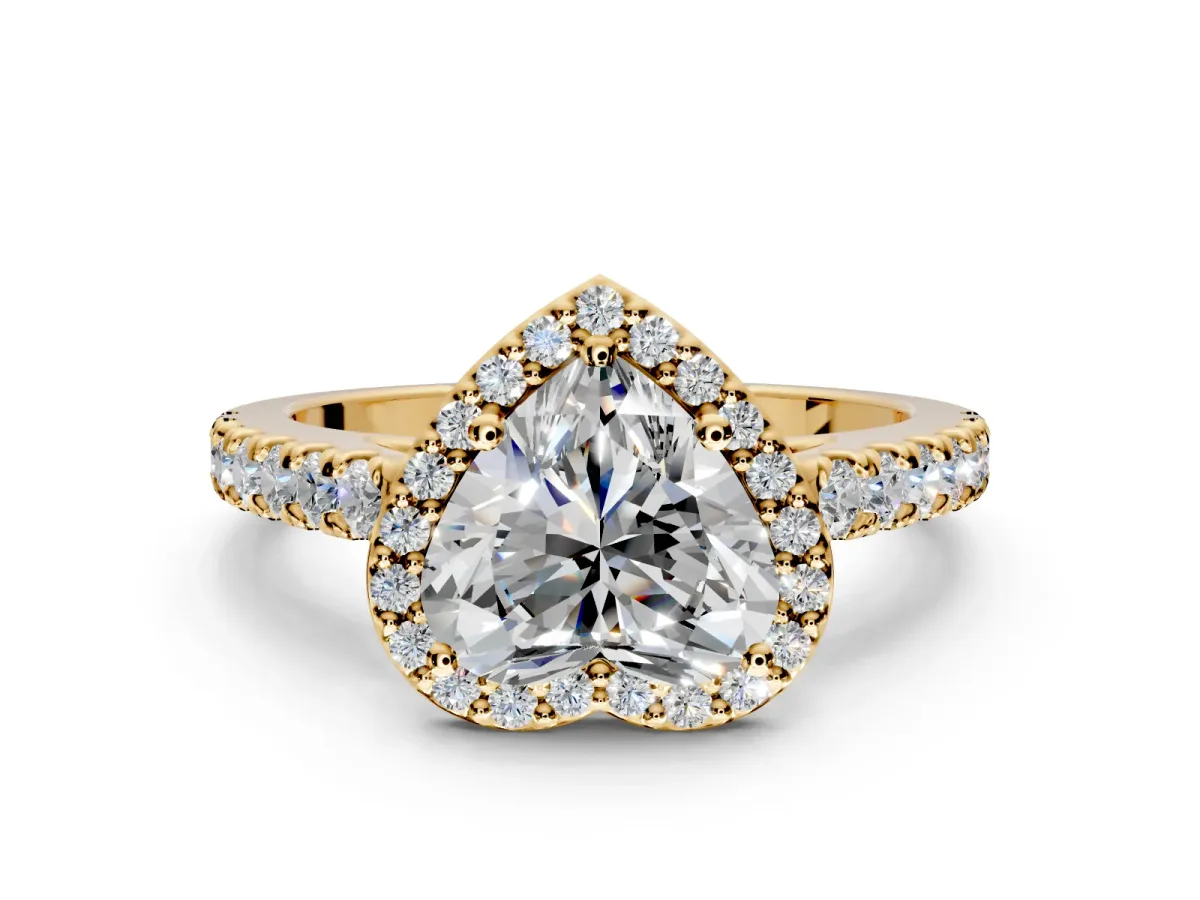Halo Engagement Ring Setting for Heart-Shaped Center with Full Pave Band and Prong Head in Yellow Gold