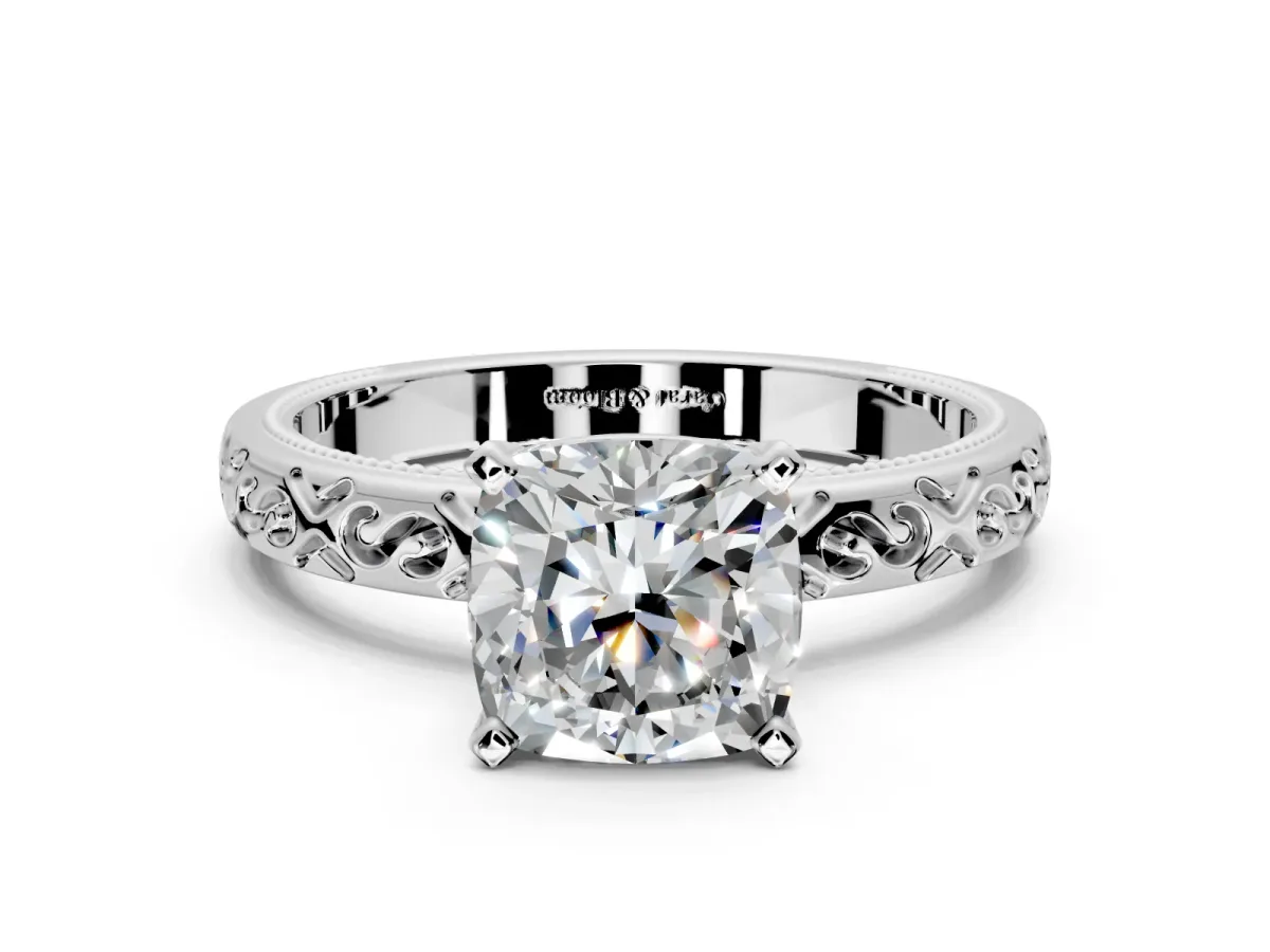 Solitaire Engagement Ring Setting for Cushion Cut Center with Scrollwork Band and Prong Head in Platinum