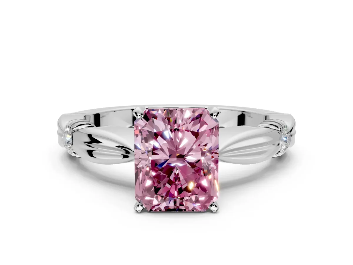 Solitaire Engagement Ring Setting for Fancy Pink Radiant Cut Center with Carved Leaf Shoulders and Prong Head in Platinum