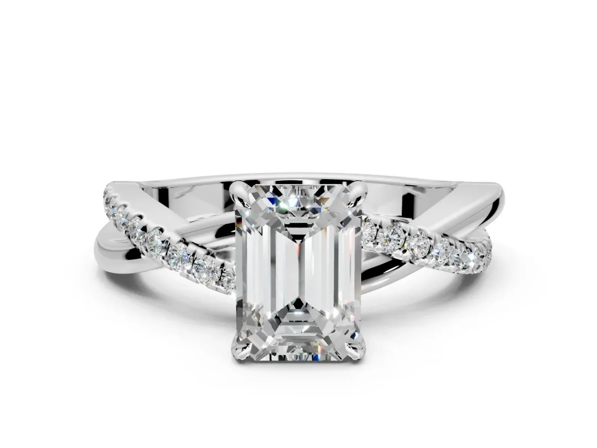 Crossover Engagement Ring Setting for Emerald Cut Center with Pave and Plain Strands and Prong Head in White Gold