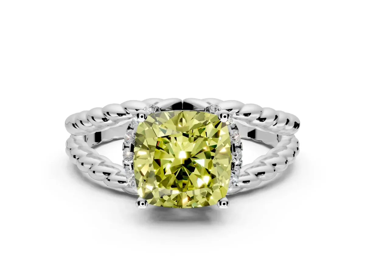 Halo Engagement Ring Setting for Fancy Yellow Cushion Cut Center with Rope Twist Split Shank and Prong Head in Platinum