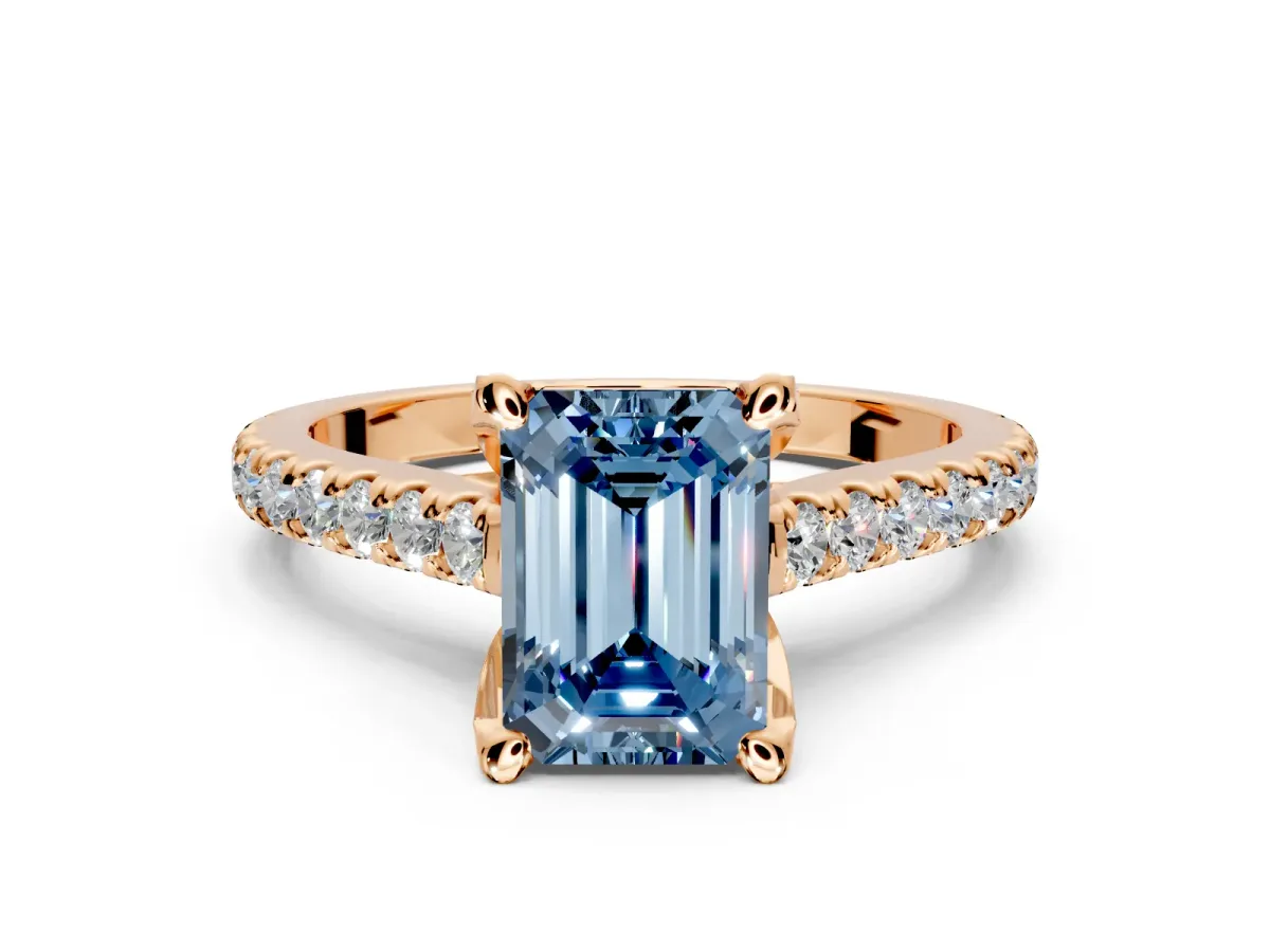Solitaire Engagement Ring Setting for Fancy Blue Emerald Cut Center with Widening Pave Band and Claw Prong Head in Rose Gold