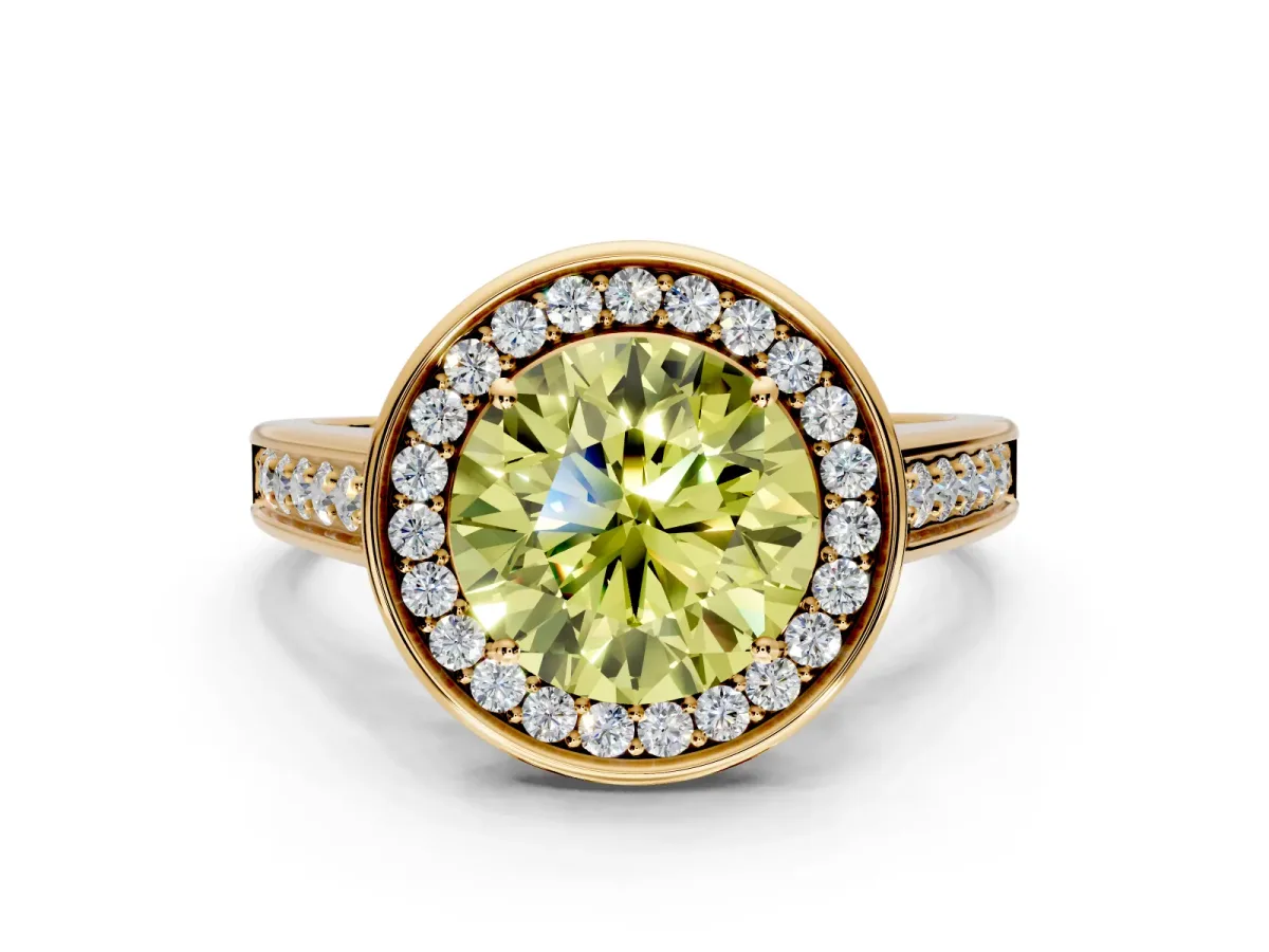 Halo Engagement Ring Setting for Fancy Yellow Round Cut Center with Outer Bezel Rim, Pave Band and Prong Head in Yellow Gold