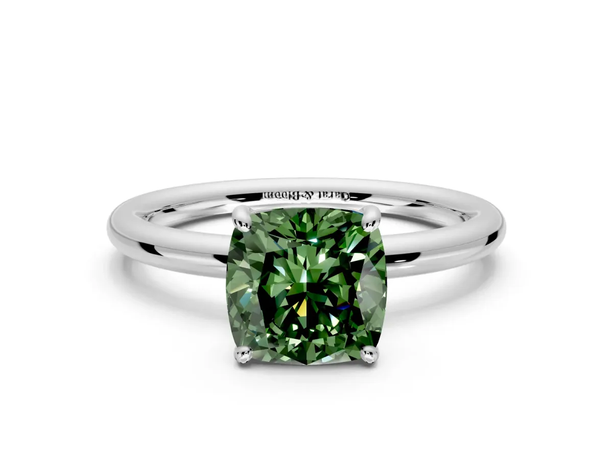 Low-Set Solitaire Engagement Ring Setting for Fancy Green Cushion Cut Center with Thin Plain Band and Prong Head in White Gold