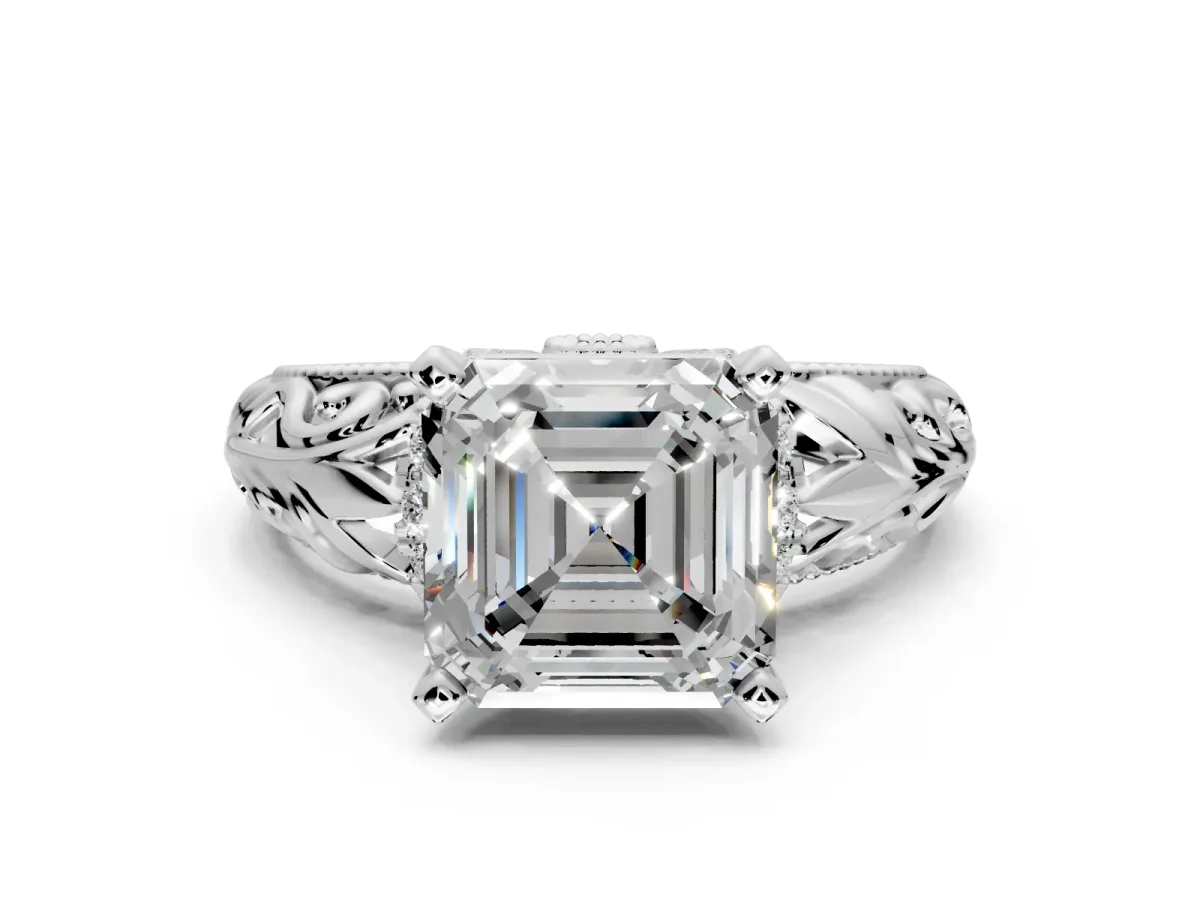 Solitaire Engagement Ring Setting for Asscher Cut Center with Filigree Accent Basket and Prong Head in Platinum