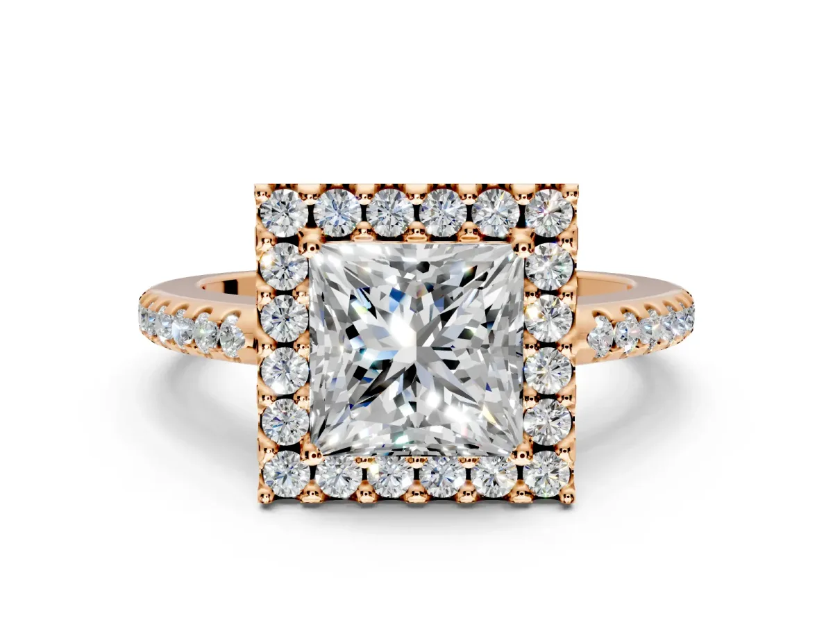 Pave Halo Engagement Ring Setting for Princess Cut Center with Single Row Pave Band and Prong Head in Rose Gold