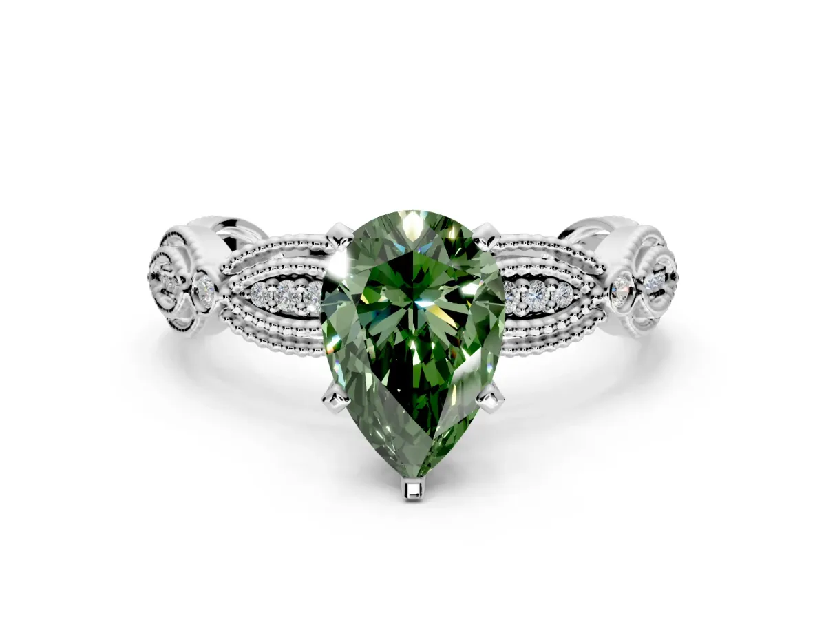 Solitaire Engagement Ring Setting for Fancy Green Pear-Shaped Center with Marquise Panel Band and Prong Head in White Gold
