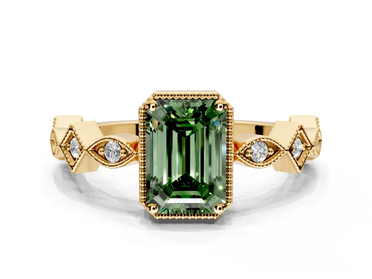 Milgrain Bezel Engagement Ring Setting for Fancy Green Emerald Cut Center with Marquise Stations and Bezel Head in Yellow Gold