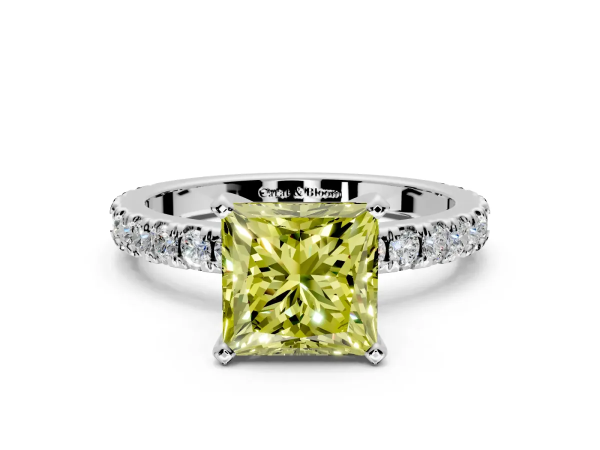 Solitaire Engagement Ring Setting for Fancy Yellow Princess Cut Center with Fine Pave Band and Claw Prong Head in White Gold
