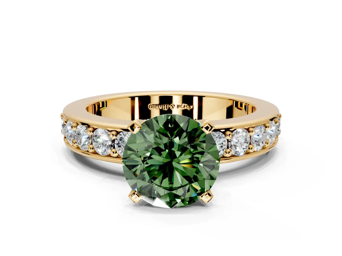 Solitaire Engagement Ring Setting for Fancy Green Round Cut Center with Channel-Set Accents and Prong Head in Yellow Gold