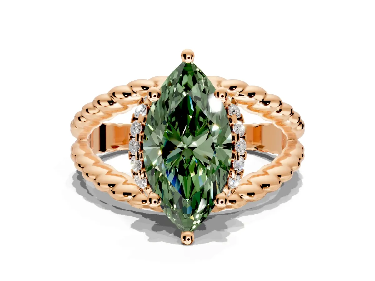 Halo Engagement Ring Setting for Fancy Green Marquise Center with Rope Twist Split Shank and Prong Head in Rose Gold