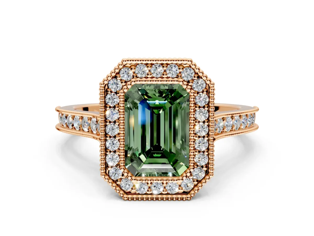 Halo Engagement Ring Setting for Fancy Green Emerald Cut Center with Milgrain Pave Band and Bezel Head in Rose Gold