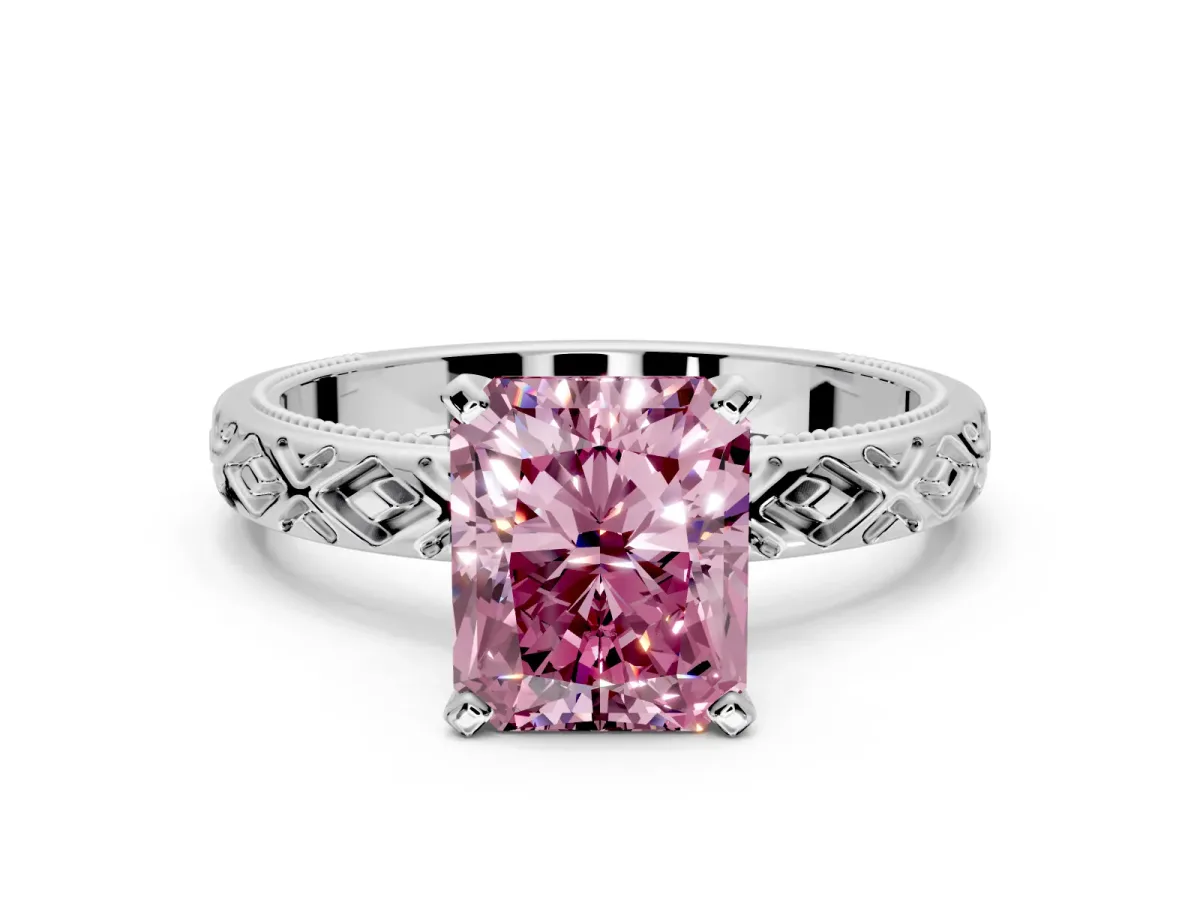 Solitaire Engagement Ring Setting for Fancy Pink Radiant Cut Center with Milgrain X Pattern Band and Prong Head in White Gold