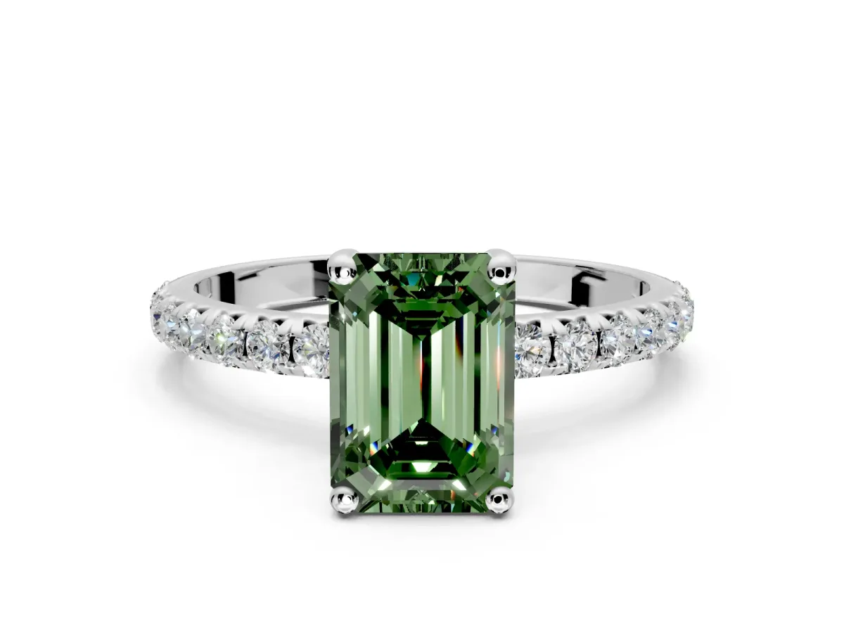Solitaire Engagement Ring Setting for Fancy Green Emerald Cut Center with Micro Pave Band and Prong Head in Platinum