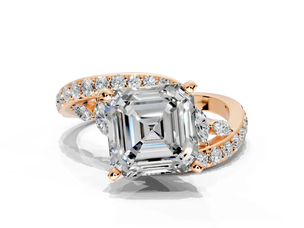 Solitaire Engagement Ring Setting for Asscher Cut Center with Pave Bypass Twist Band and Prong Head in Rose Gold