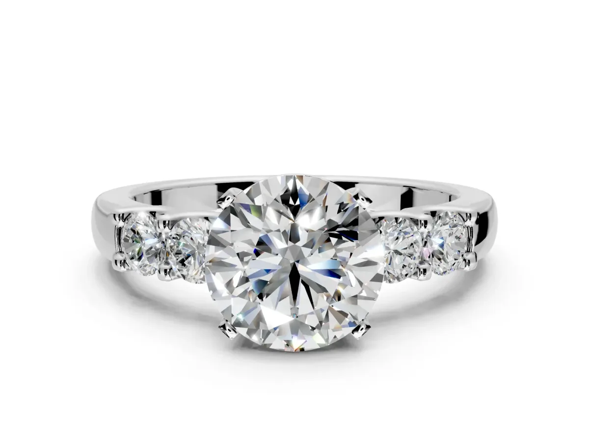 5 Stone Engagement Ring Setting for Round Cut Center with Plain Band and Prong Head in White Gold