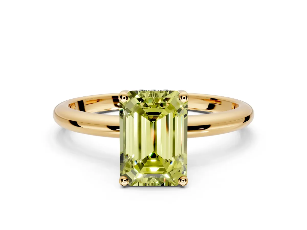Hidden Halo Engagement Ring Setting for Fancy Yellow Emerald Cut Center with Thin Round-Wire Band and Prong Head in Yellow Gold