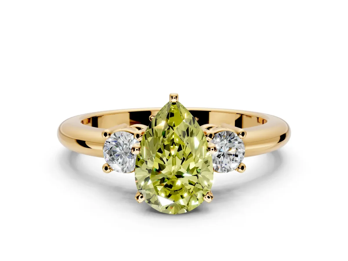 3 Stone Engagement Ring Setting for Fancy Yellow Pear-Shaped Center with Wide Plain Band and Prong Head in Yellow Gold
