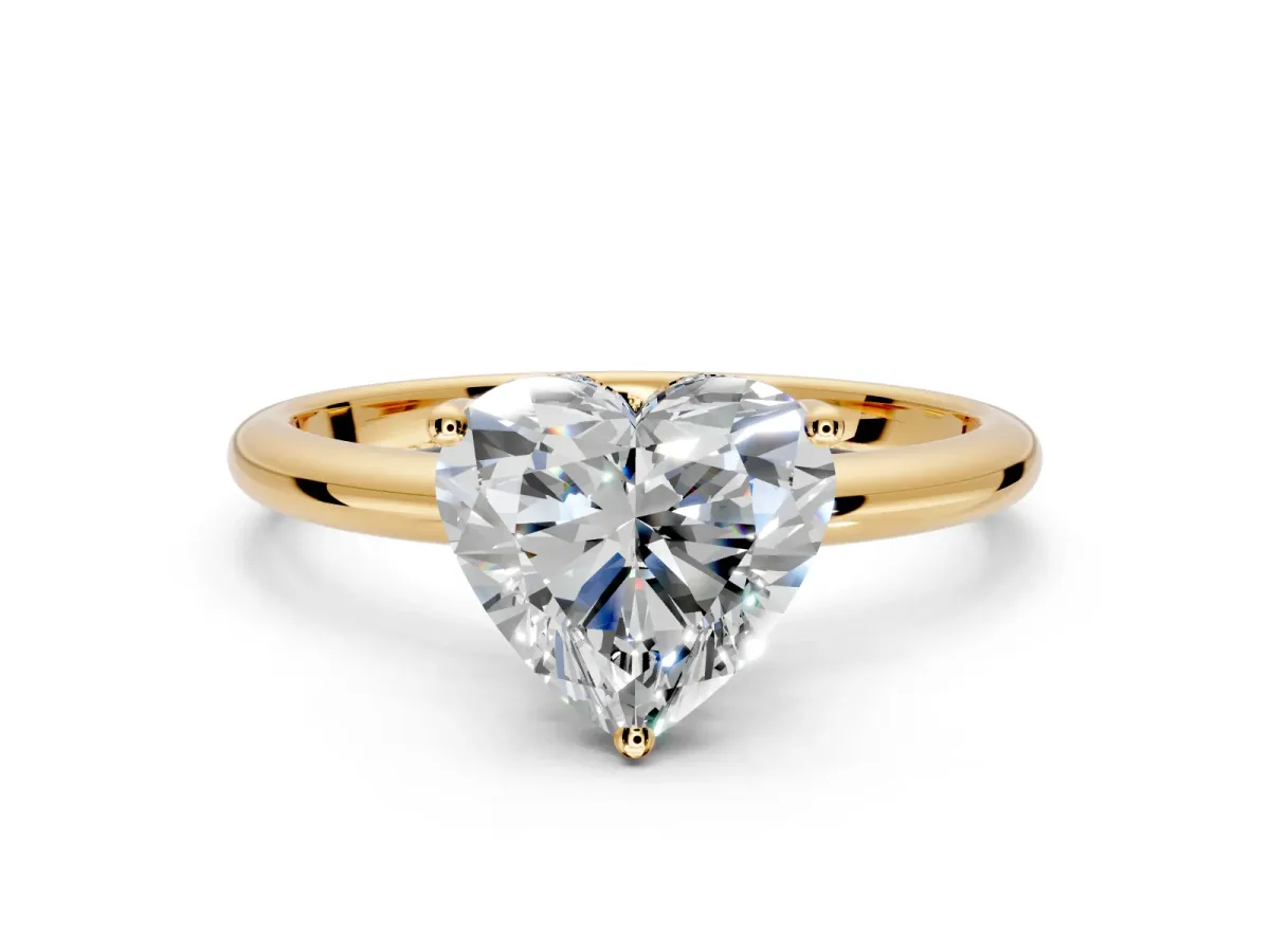 Hidden Halo Engagement Ring Setting for Heart-Shaped Center with Thin Round-Wire Band and Prong Head in Yellow Gold