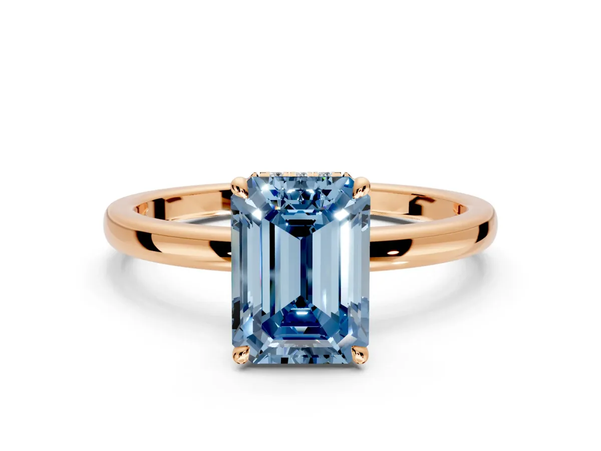 Hidden Halo Engagement Ring Setting for Fancy Blue Emerald Cut Center with Plain Band and Tall Prong Head in Rose Gold