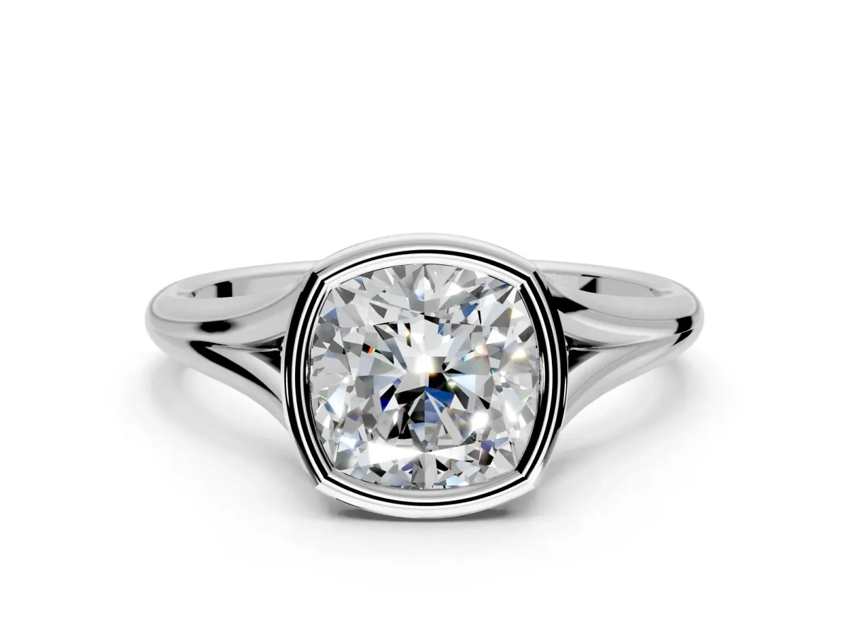 Solitaire Engagement Ring Setting for Cushion Cut Center with V Split Shank and Bezel Head in Platinum