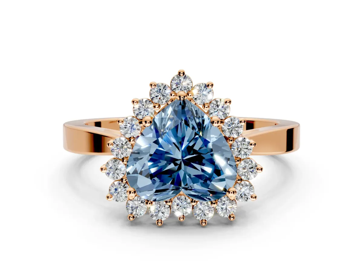Starburst Halo Engagement Ring Setting for Fancy Blue Heart-Shaped Center with Flat Cathedral Band and Prong Head in Rose Gold