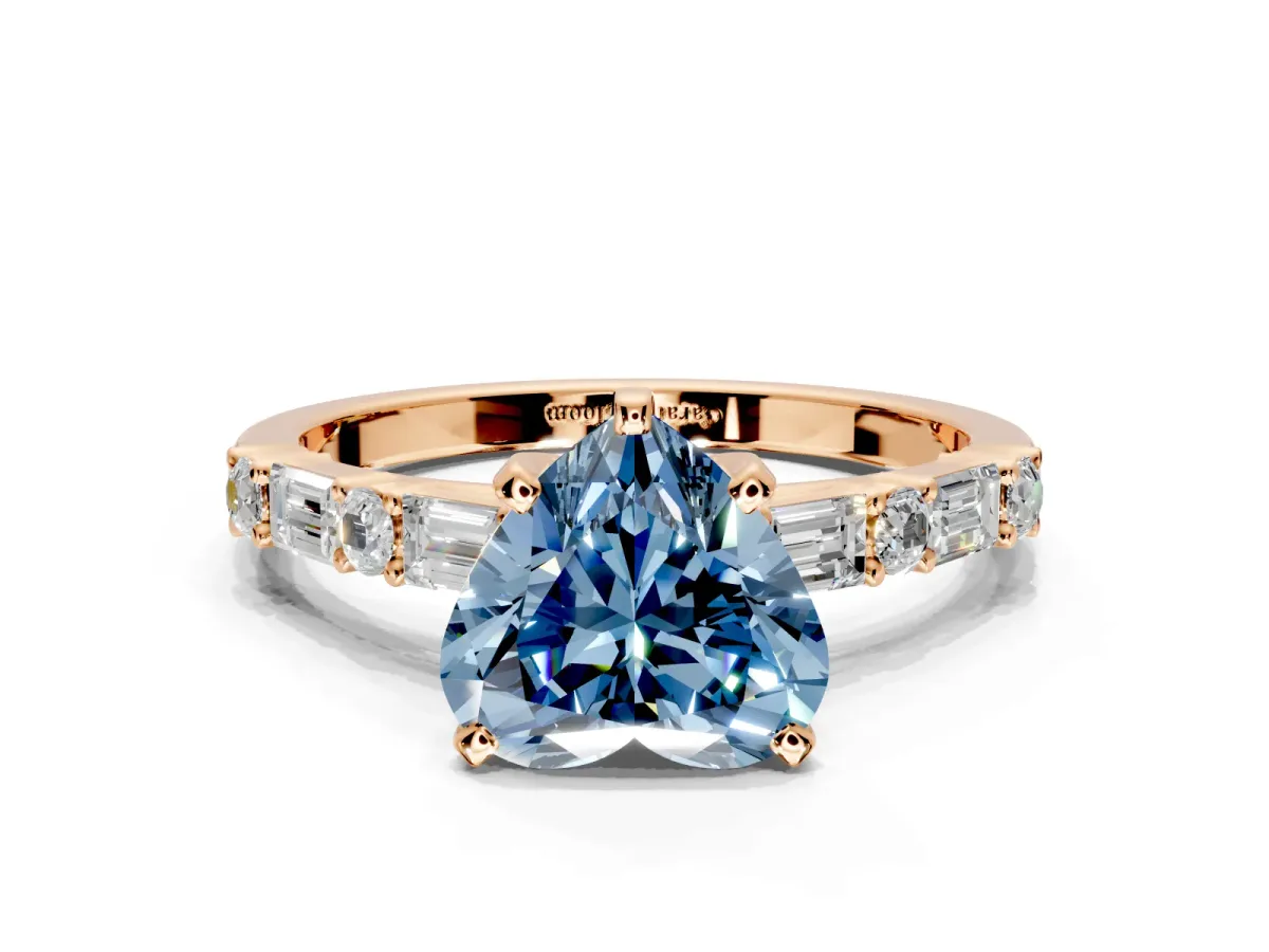 Baguette Engagement Ring Setting for Fancy Blue Heart-Shaped Center with Alternating Bar-Set Band and Prong Head in Rose Gold