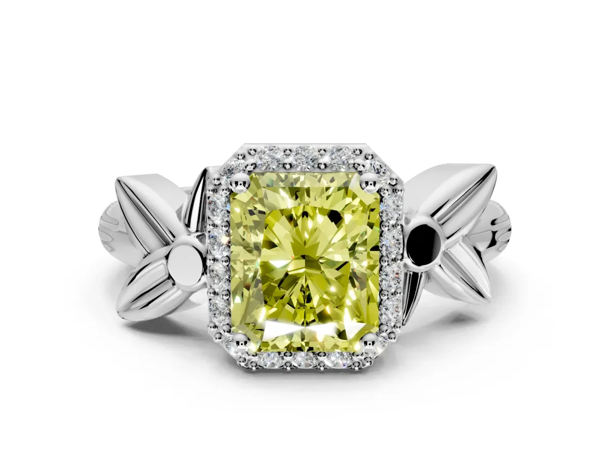 Halo Engagement Ring Setting for Fancy Yellow Radiant Cut Center with Floral Band and Prong Head in White Gold