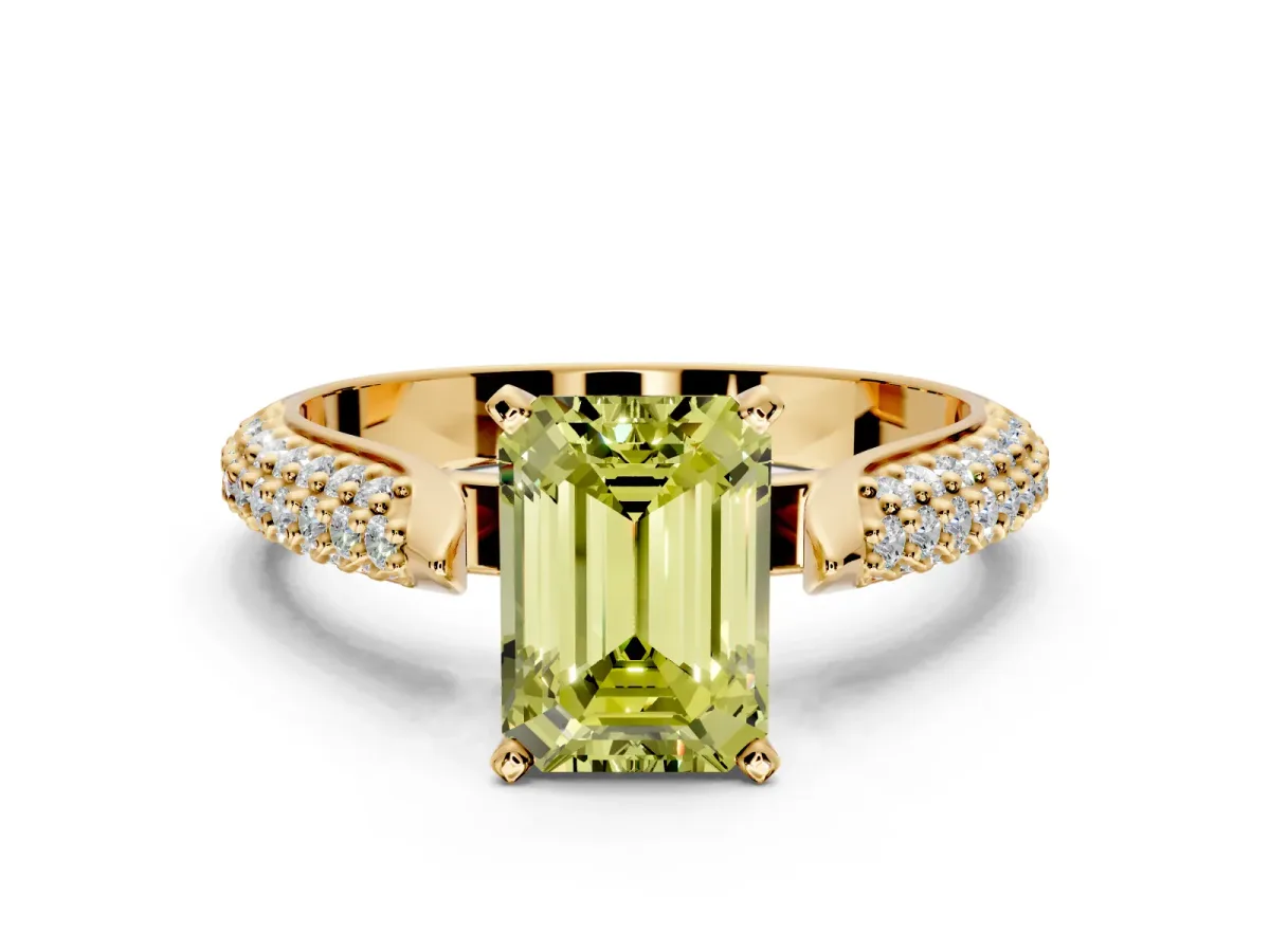 Solitaire Engagement Ring Setting for Fancy Yellow Emerald Cut Center with Multi-Row Accents and Prong Head in Yellow Gold