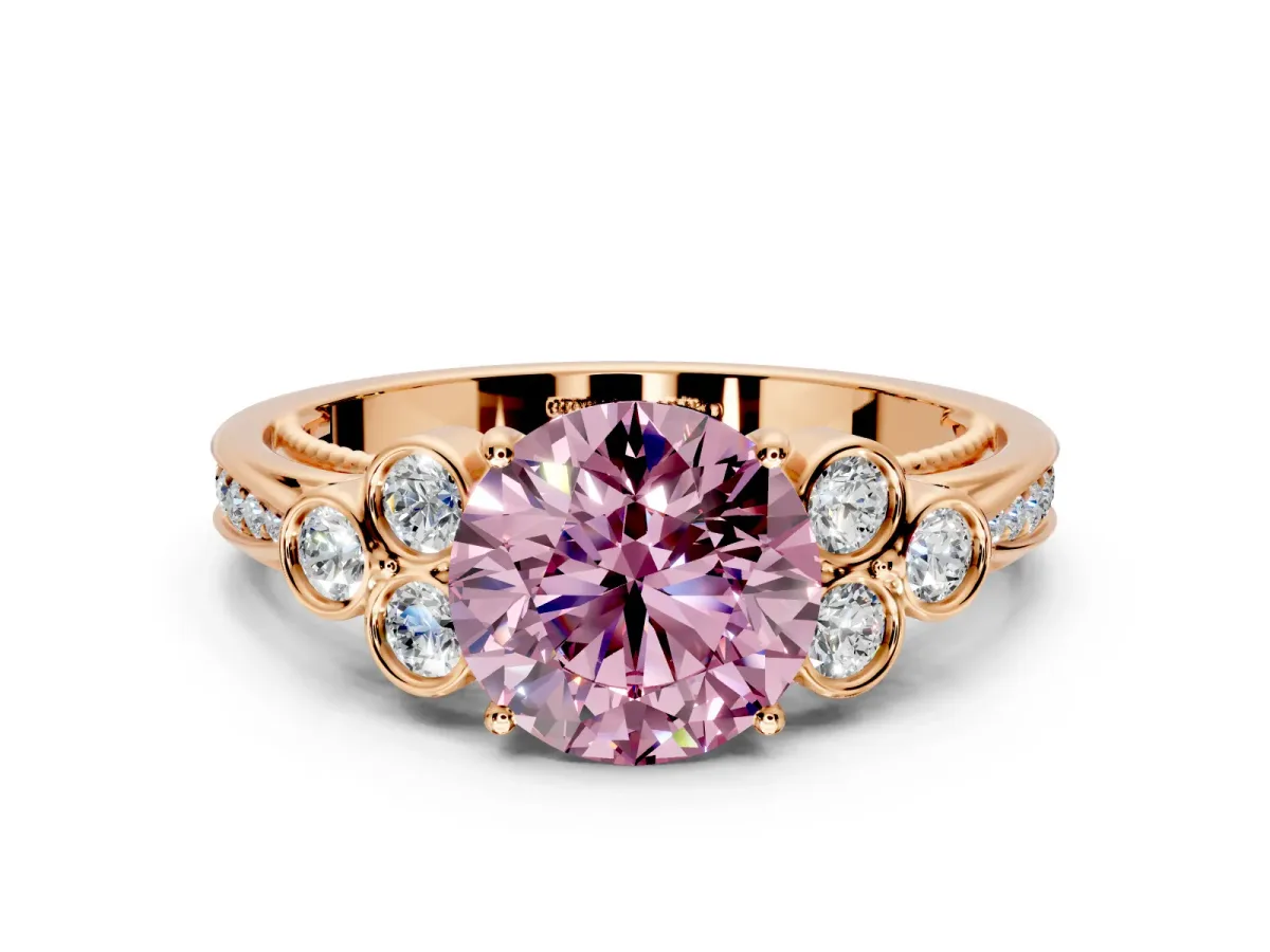 Cluster Engagement Ring Setting for Fancy Pink Round Cut Center with Bezel Accent Clusters and Prong Head in Rose Gold