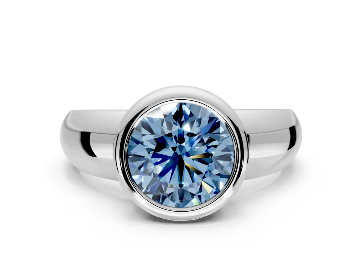 Solitaire Engagement Ring Setting for Fancy Blue Round Cut Center with Wide Band and Bezel Head in Platinum