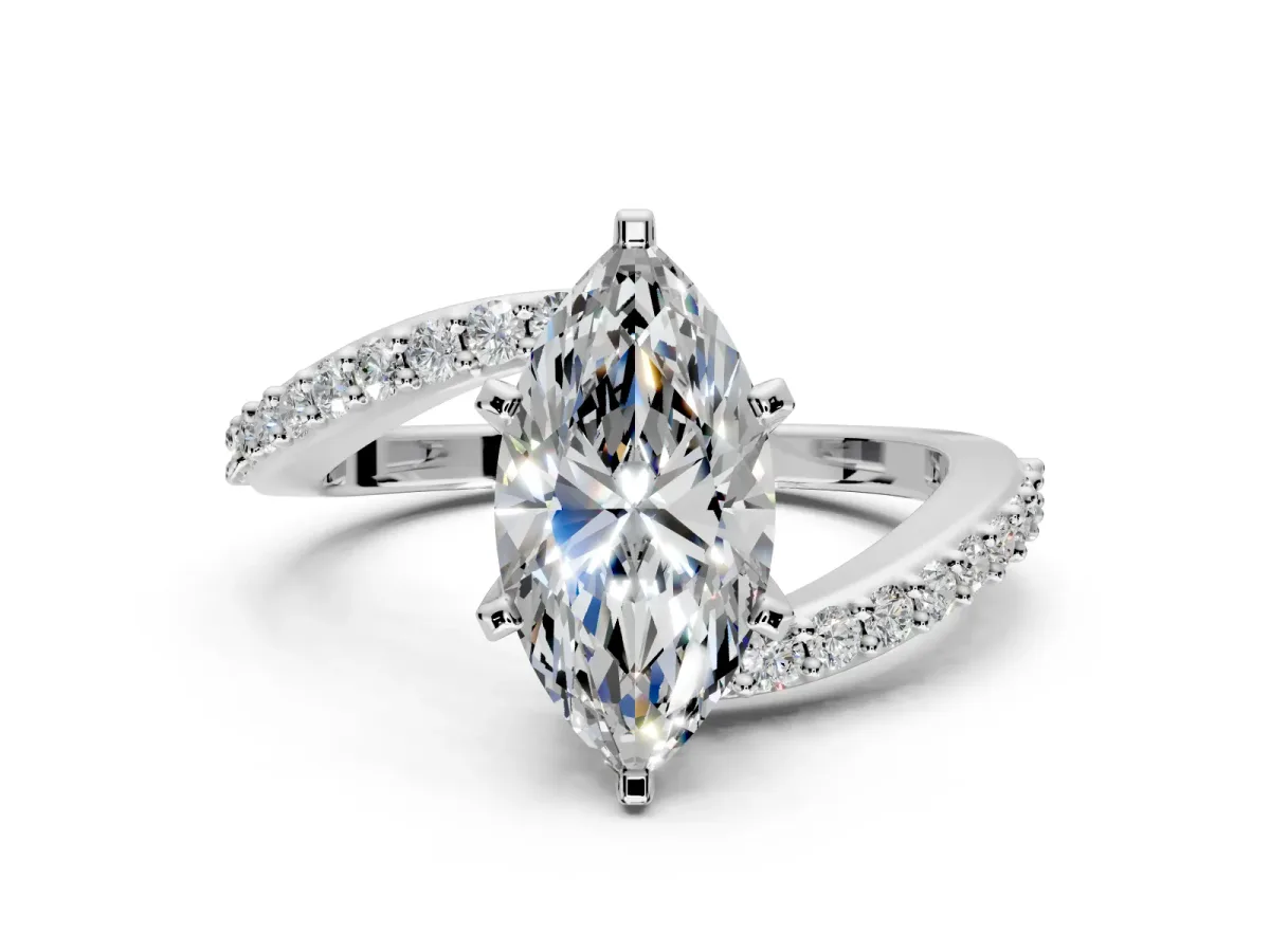 Solitaire Engagement Ring Setting for Marquise Center with Pave Bypass Swirl Band and Prong Head in Sterling Silver