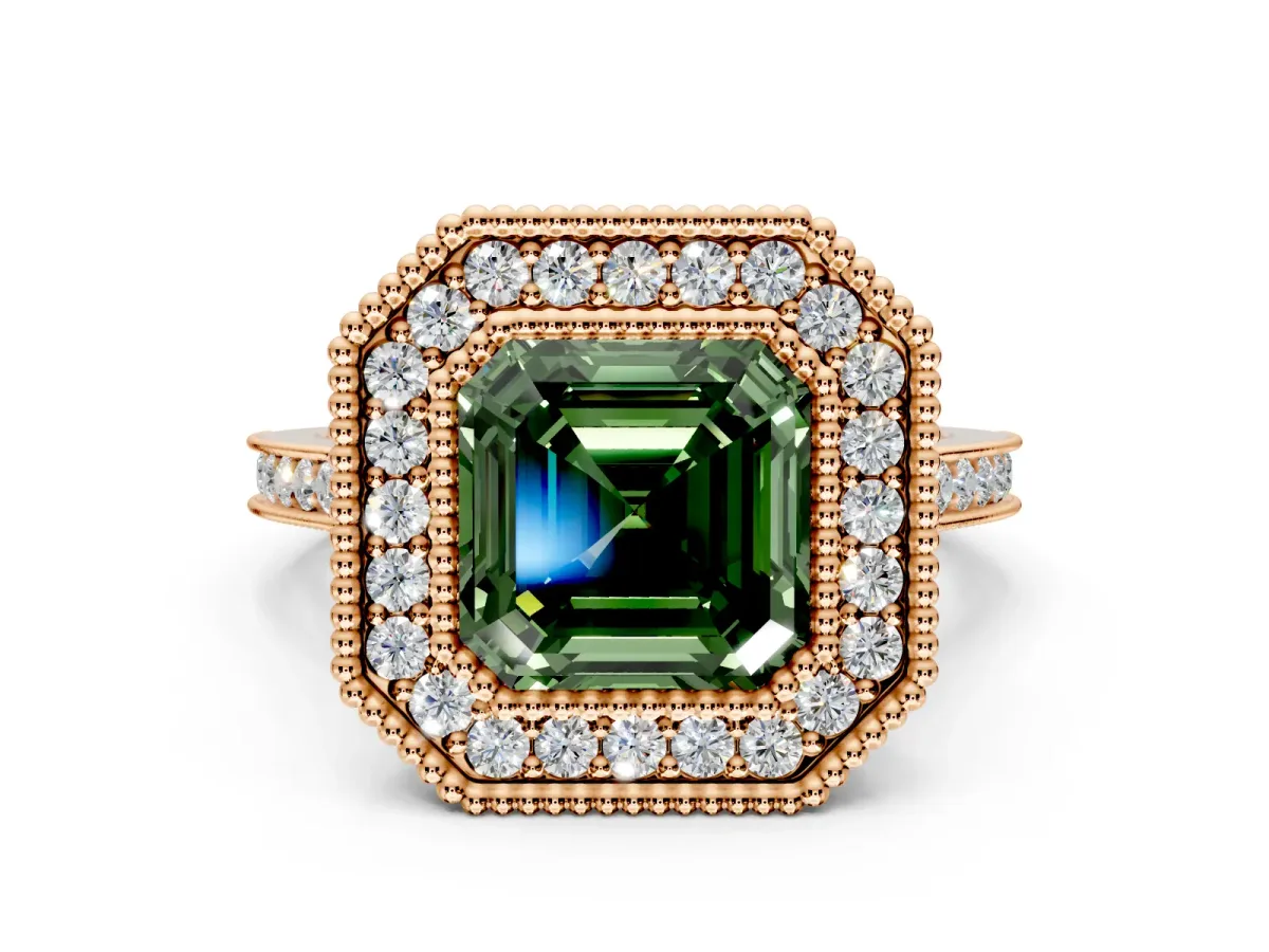 Halo Engagement Ring Setting for Fancy Green Asscher Cut Center with Milgrain Frame, Pave Band and Prong Head in Rose Gold