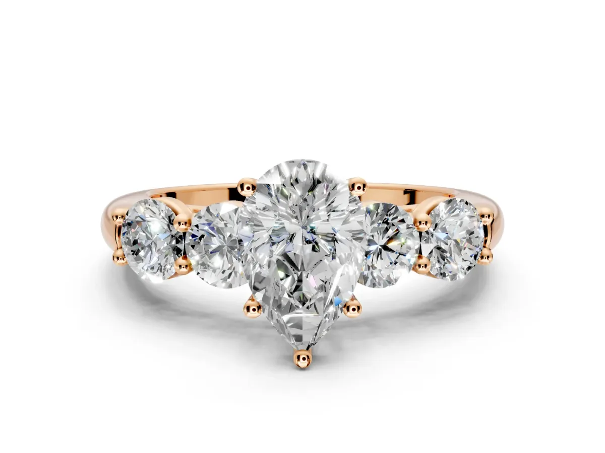 5 Stone Engagement Ring Setting for Pear-Shaped Center with Graduated Accents and Prong Head in Rose Gold