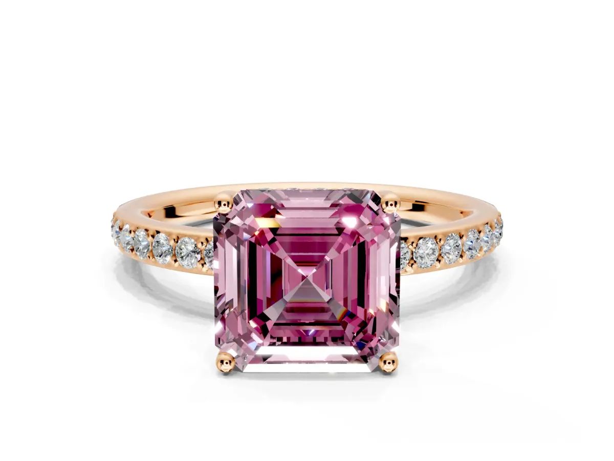 Solitaire Engagement Ring Setting for Fancy Pink Asscher Cut Center with Fine Pave Band and Prong Head in Rose Gold