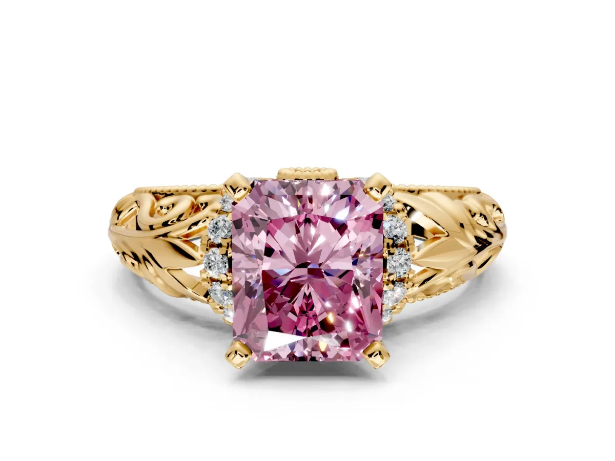 Solitaire Engagement Ring Setting for Fancy Pink Radiant Cut Center with Filigree Accent Basket and Prong Head in Yellow Gold
