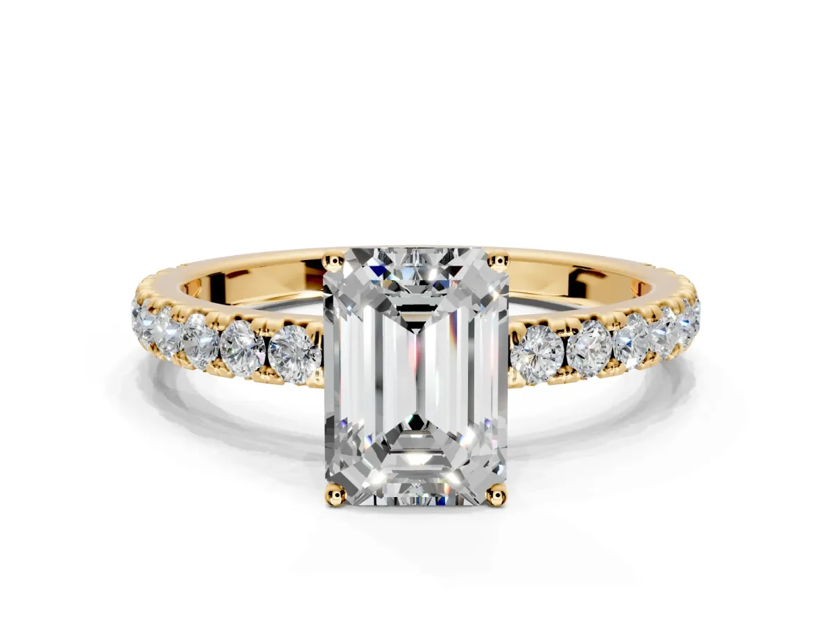 Solitaire Engagement Ring Setting for Emerald Cut Center with Large Accent Band and Prong Head in Yellow Gold