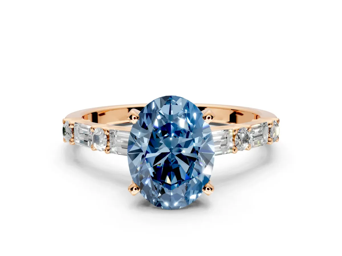 Baguette Engagement Ring Setting for Fancy Blue Oval Center with Alternating Bar-Set Band and Prong Head in Rose Gold