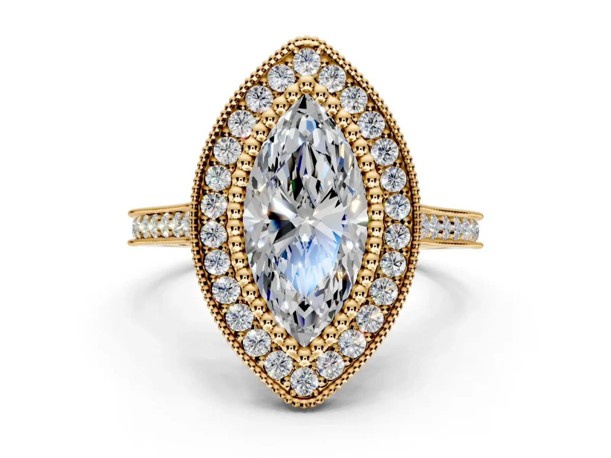 Halo Engagement Ring Setting for Marquise Center with Milgrain Frame, Pave Band and Prong Head in Yellow Gold