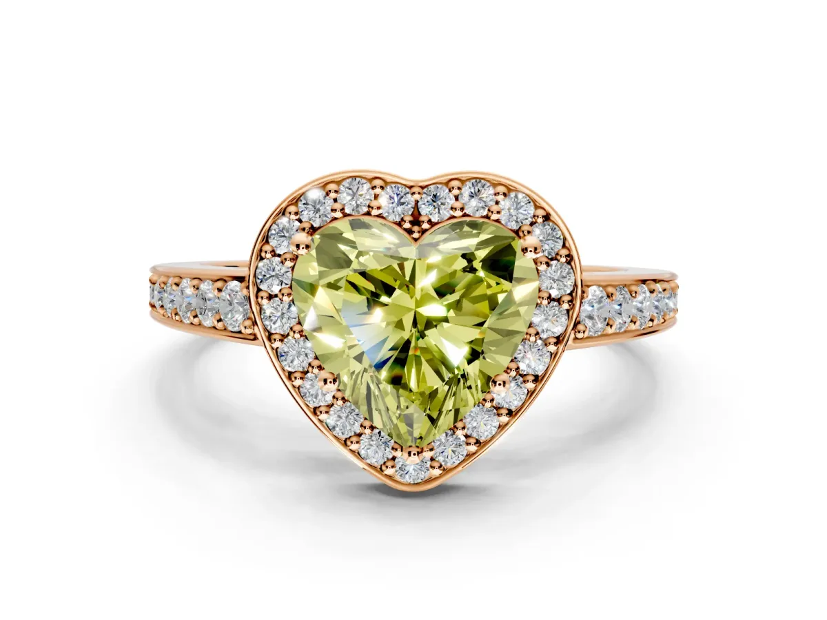 Bezel-Framed Halo Engagement Ring Setting for Fancy Yellow Heart-Shaped Center with Pave Band and Prong Head in Rose Gold